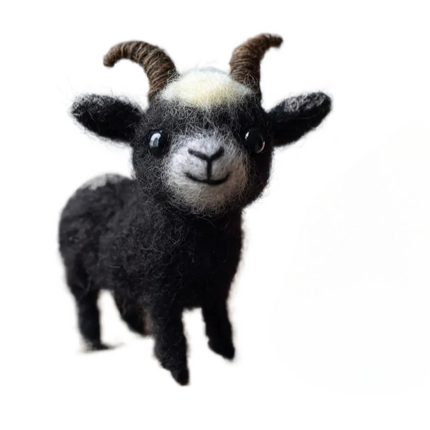 Black Goat with Horns – Wool Felt Playful Farm Figurine