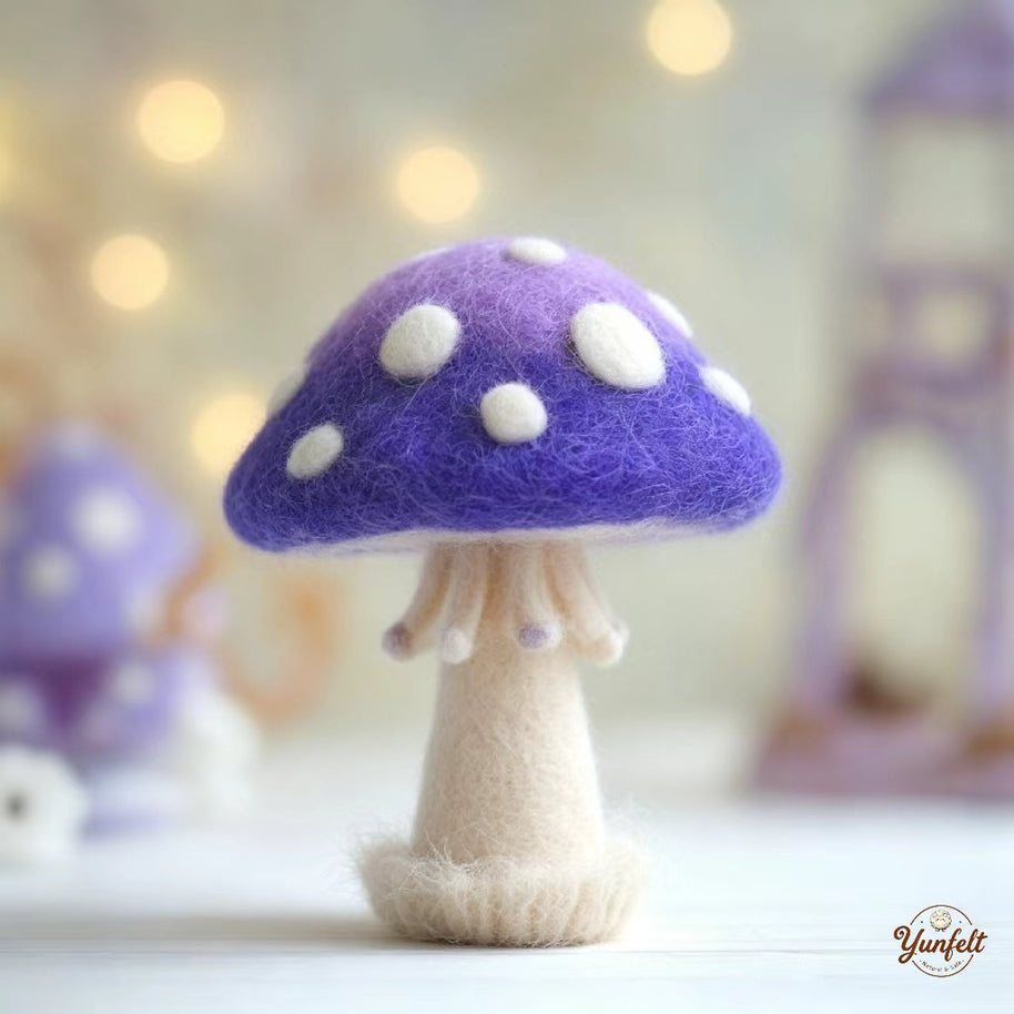 Handmade Wool Felt Whimsical Purple Mushroom Figurine – Fairy Tale Desk Decor Gift