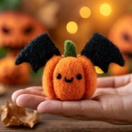 Handmade Wool Felt Bat-Winged Pumpkin Figurine – Halloween Desk Decor Gift