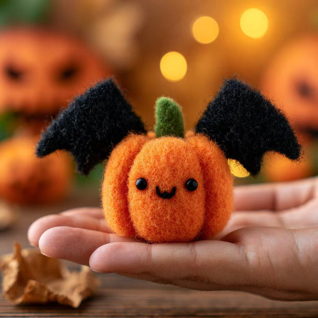 Handmade Wool Felt Bat-Winged Pumpkin Figurine – Halloween Desk Decor Gift
