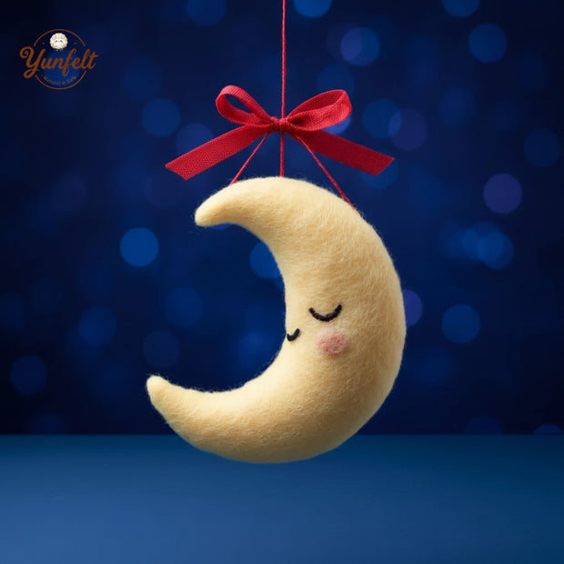 Sleepy Crescent Moon with Blue Bow – Wool Felt Nursery Hanging Decor