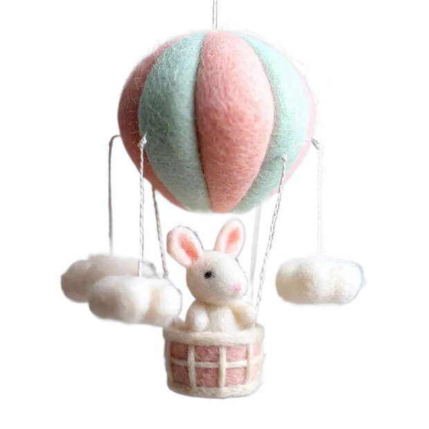 Pastel Hot Air Balloon & Bunny Nursery Mobile – Wool Felt Dreamy Hanging Art