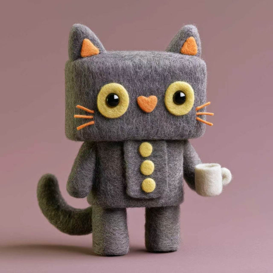 Handmade Wool Felt Square Cat Figurine – Coffee Lover Desk Decor Gift