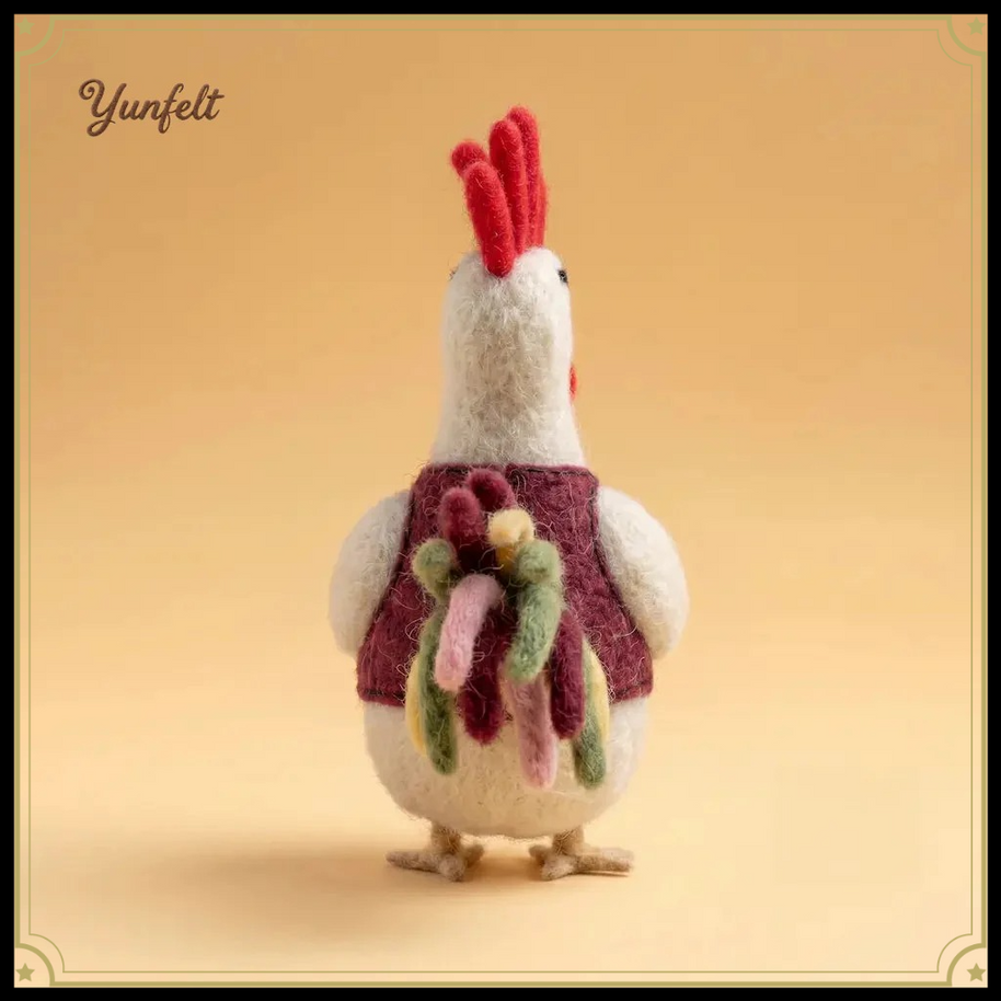 Grumpy Rooster in Burgundy Vest – Playful Wool Felt Desk Mascot