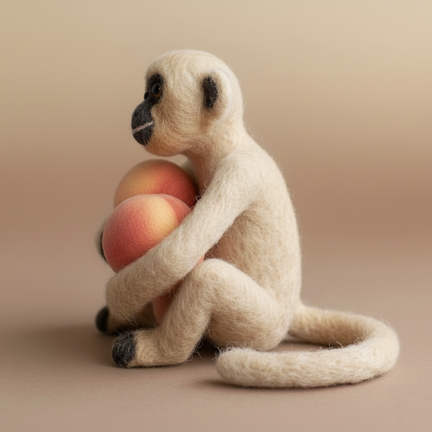 Monkey Hugging Peaches – Wool Felt Harvest Guardian Figurine