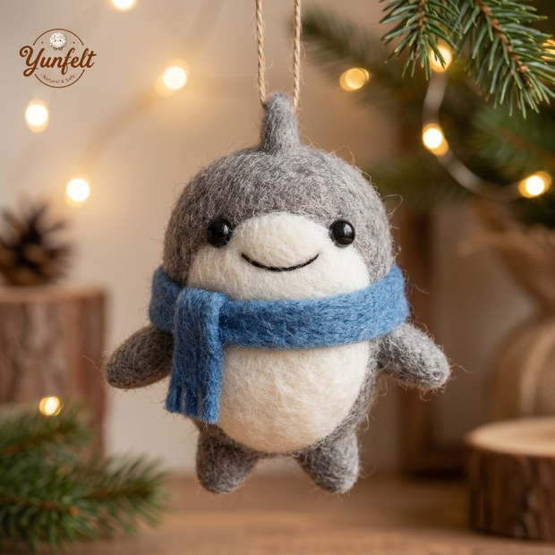 Dolphin with Light Blue Scarf – Wool Felt Cozy Winter Ornament