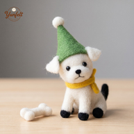 Party Elf Puppy with Bone – Wool Felt Festive Desk Pet