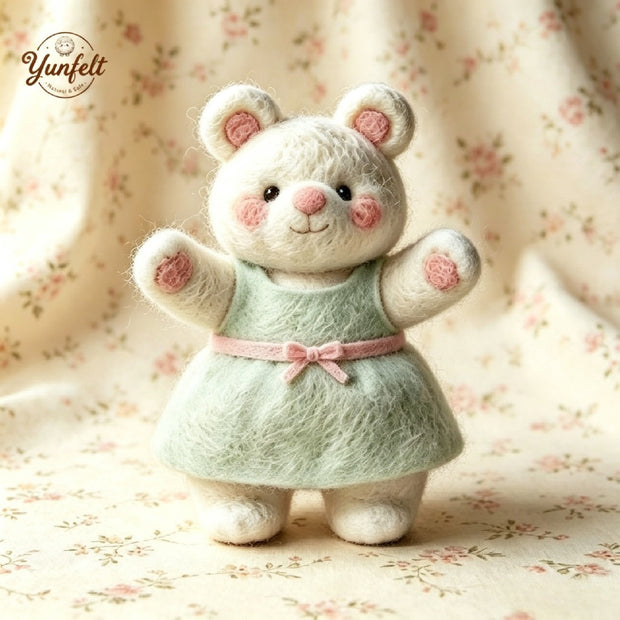 Handmade Wool Felt Teddy Bear Figurine – Mint Dress Desk Decor Gift