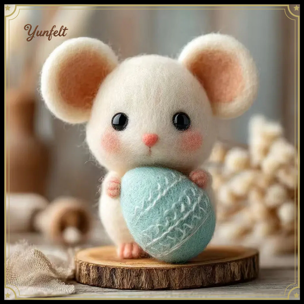 Chubby White Mouse Hugging Blue Egg – Wool Felt Easter Figurine