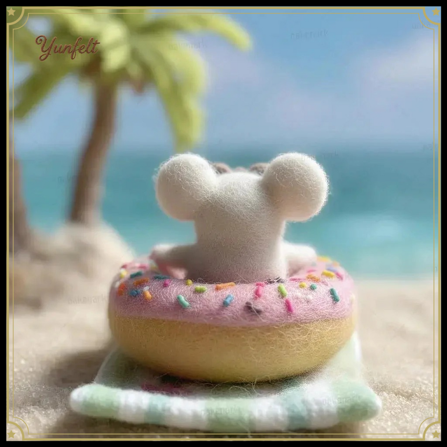 Beach Mouse in Donut Floatie – Wool Felt Summer Desk Pet