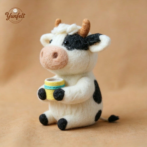 Sitting Cow Holding a Mug – Wool Felt Farmhouse Morning Companion