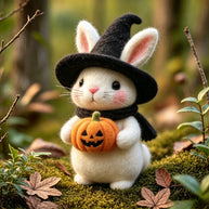 Handmade Wool Felt Witch Bunny Figurine – Halloween Desk Decor Gift