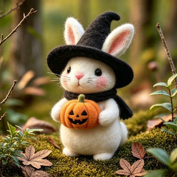 Handmade Wool Felt Witch Bunny Figurine – Halloween Desk Decor Gift