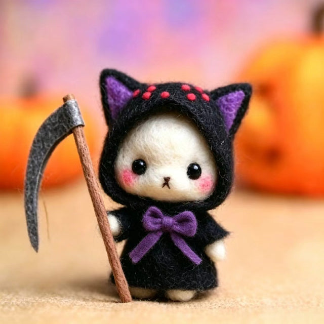 Handmade Wool Felt Reaper Cat Figurine – Spooky Halloween Desk Decor Gift