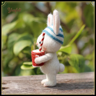 Rabbit with Striped Hat and Red Mug – Cozy Wool Felt Desk Friend