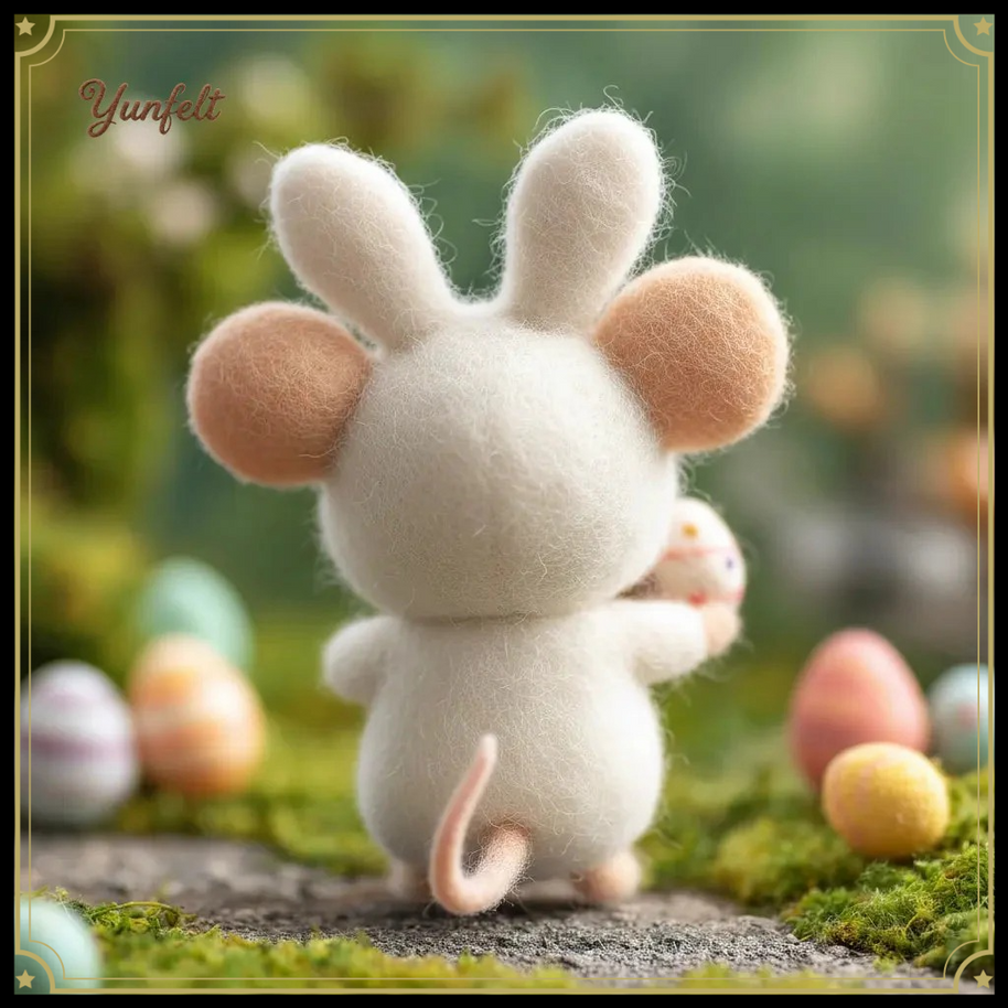 Mouse in Bunny Suit Holding Easter Egg – Wool Felt Spring Figurine