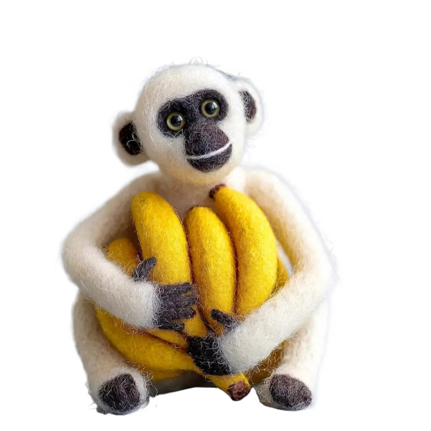 Monkey Hugging Bananas – Wool Felt Harvest Guardian Figurine