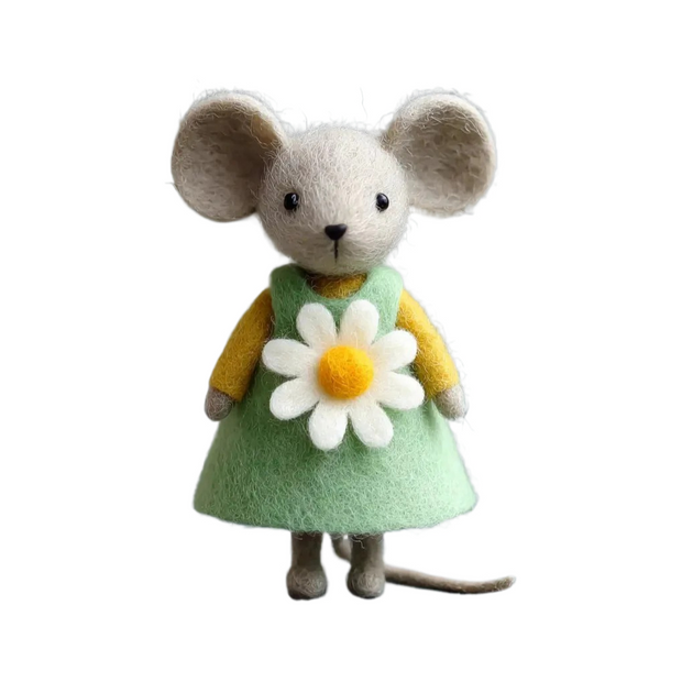 Daisy Dress Mouse – Wool Felt Cottagecore Desk Figurine