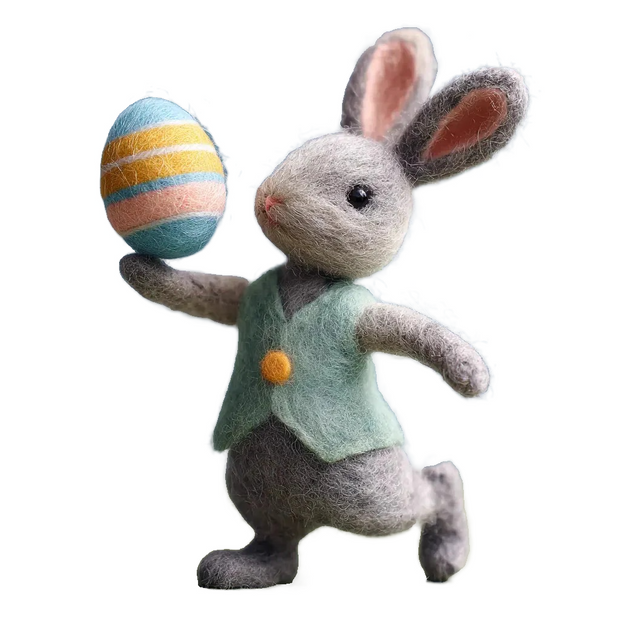 Running Easter Bunny with Green Vest & Striped Egg – Wool Felt Spring Figurine