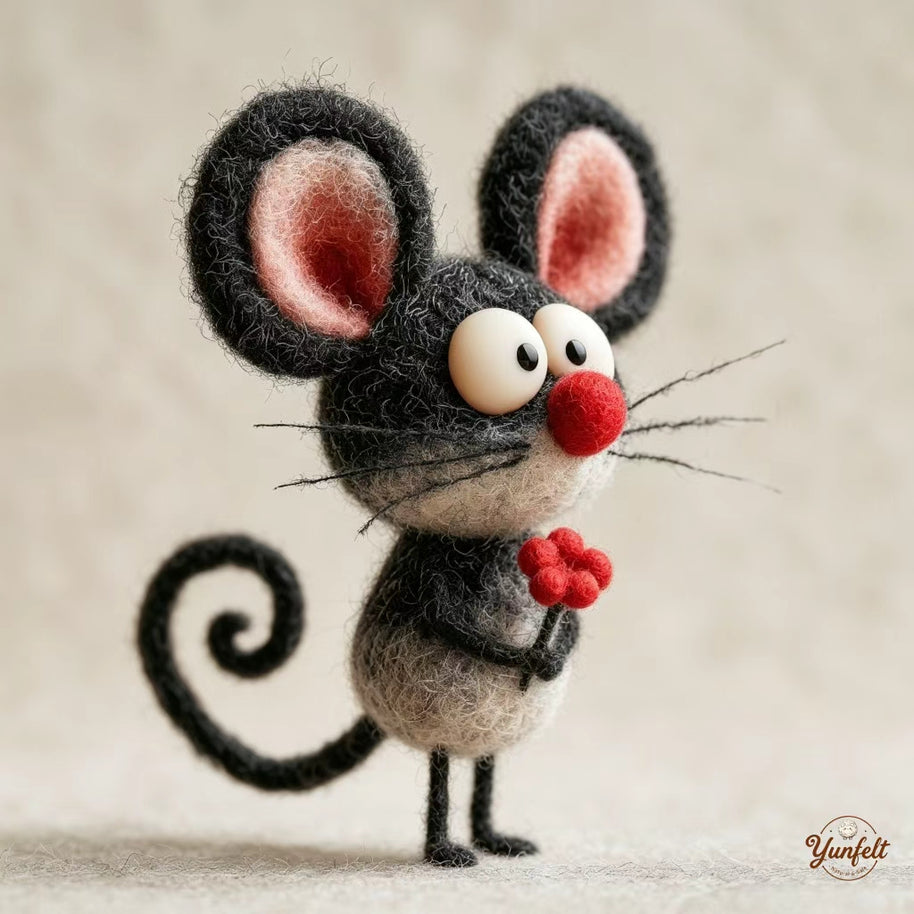 The Wide-Eyed Flower Mouse – Handmade Wool Felt Figurine
