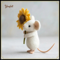 White Mouse Holding a Sunflower – Wool Felt Cheerful Figurine