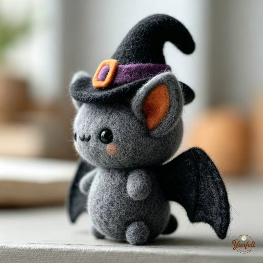 Handmade Wool Felt Witch Bat Figurine – Halloween Desk Decor Gift