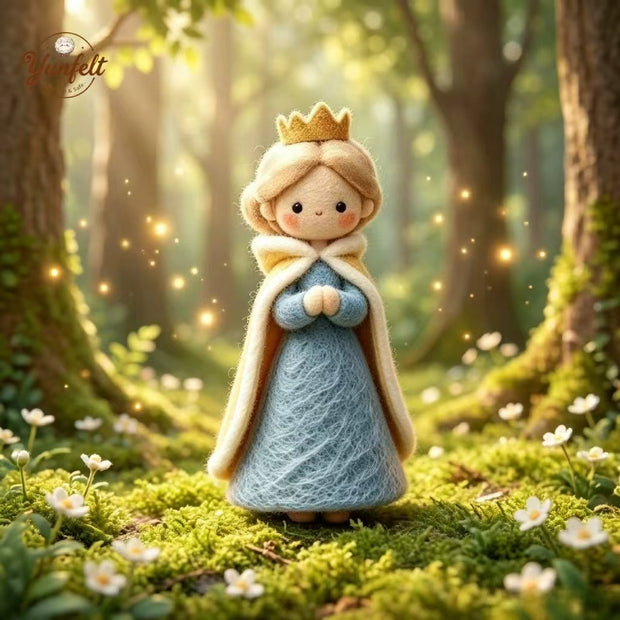 Handmade Wool Felt Woodland Princess Figurine with Golden Crown – Fairy Tale Desk Decor Gift