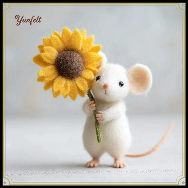 White Mouse Holding a Sunflower – Wool Felt Cheerful Figurine