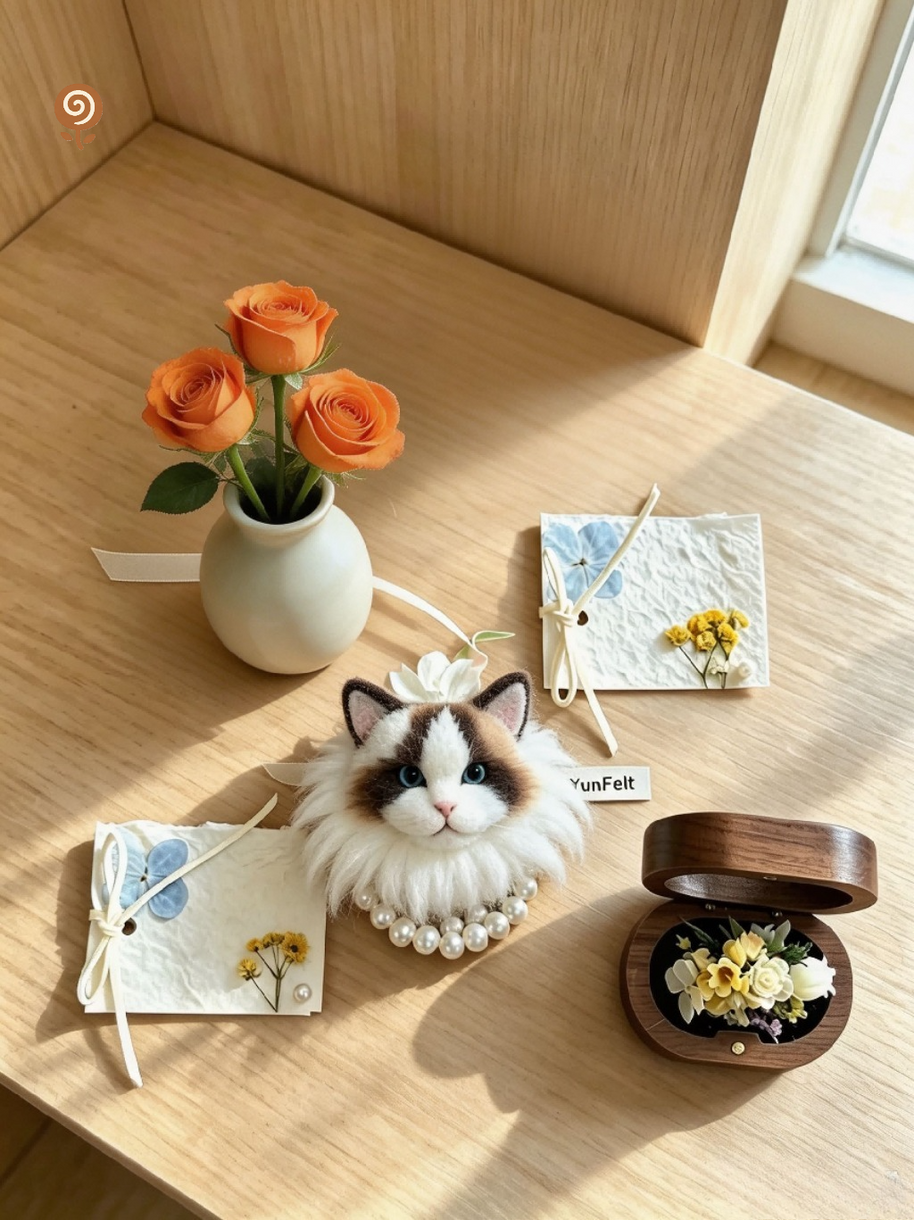 Custom Pet Portrait Floral Keepsake – Handmade Wool Felt Brooch or Wrist Corsage