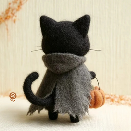 The Wide-Eyed Trick-or-Treat Cat – Handmade Wool Felt Halloween Figurine