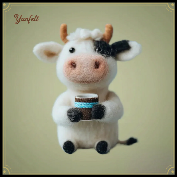 Sitting Cow Holding a Mug – Wool Felt Farmhouse Morning Companion