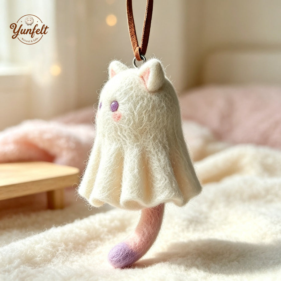 Handmade Wool Felt Cat Ghost Hanging Charm – Bag Accessory Gift