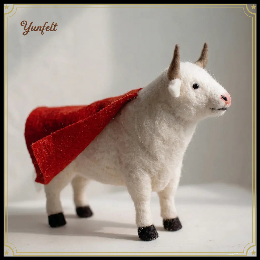 Red Cape Warrior Bull – Wool Felt Motivational Desk Figurine