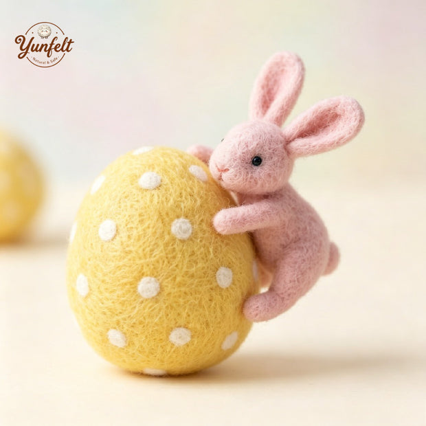 Bunny Hugging Pink Polka Dot Egg – Wool Felt Easter Figurine