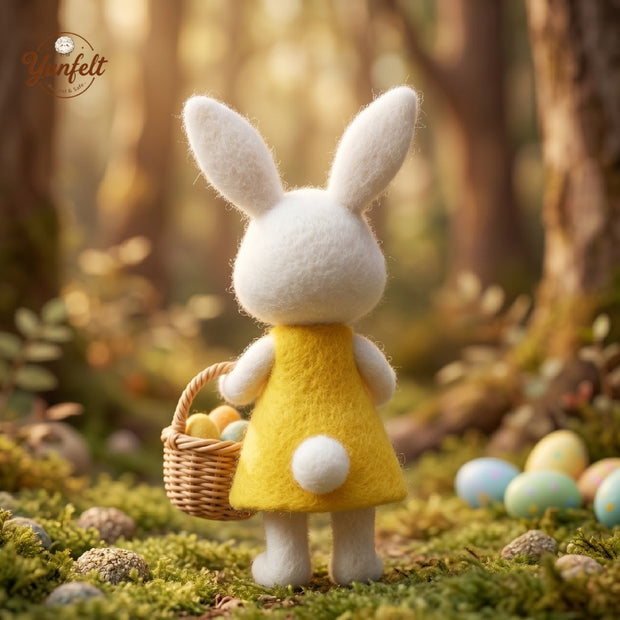 Easter Bunny with Basket – Wool Felt Pink Dress Figurine