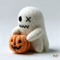 Handmade Wool Felt Ghost with Pumpkin Figurine – Spooky Halloween Desk Decor Gift