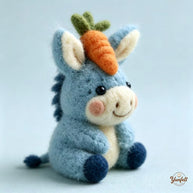 Handmade Wool Felt Carrot-Topped Blue Donkey Figurine – Whimsical Desk Decor Gift