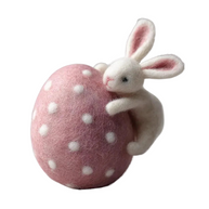 Bunny Hugging Pink Polka Dot Egg – Wool Felt Easter Figurine