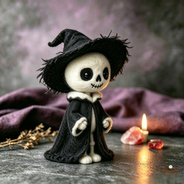 Handmade Wool Felt Spooky Skeleton Figurine – Gothic Halloween Decor Gift