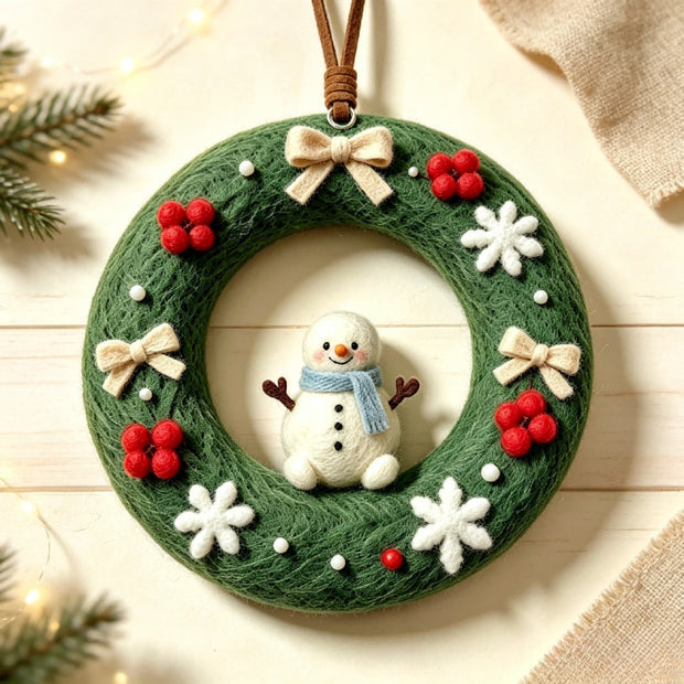 Handmade Wool Felt Snowman Wreath Ornament – Christmas Holiday Home Decor Gift
