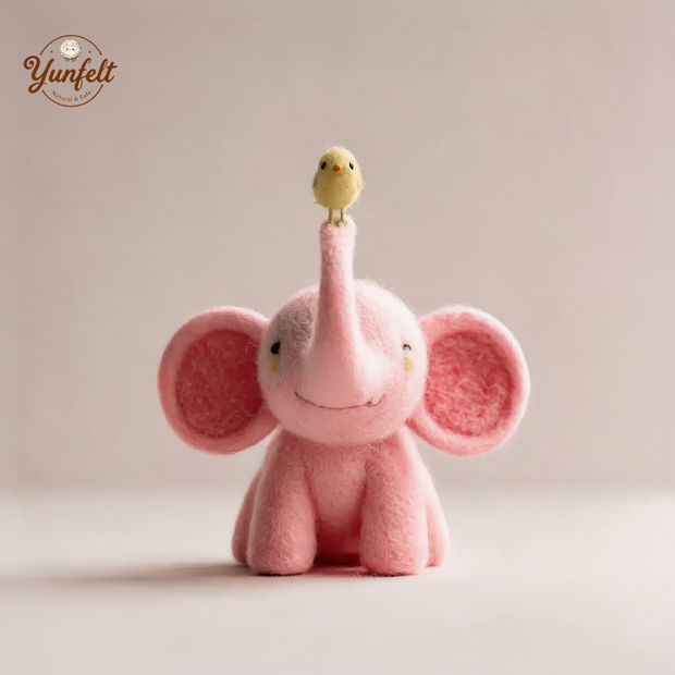 Pink Elephant with Yellow Bird – Wool Felt Heartwarming Figurine