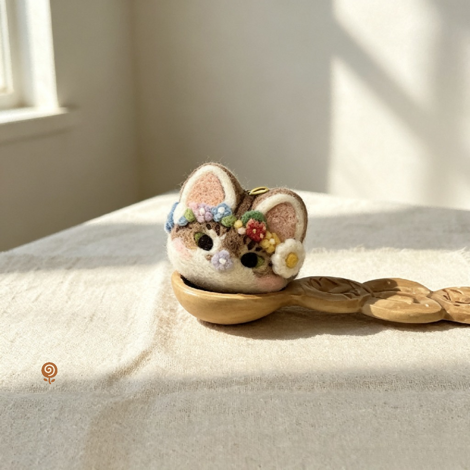 Flower Crown or Aviator Cat Head – Handmade Wool Felt Miniature Figurine
