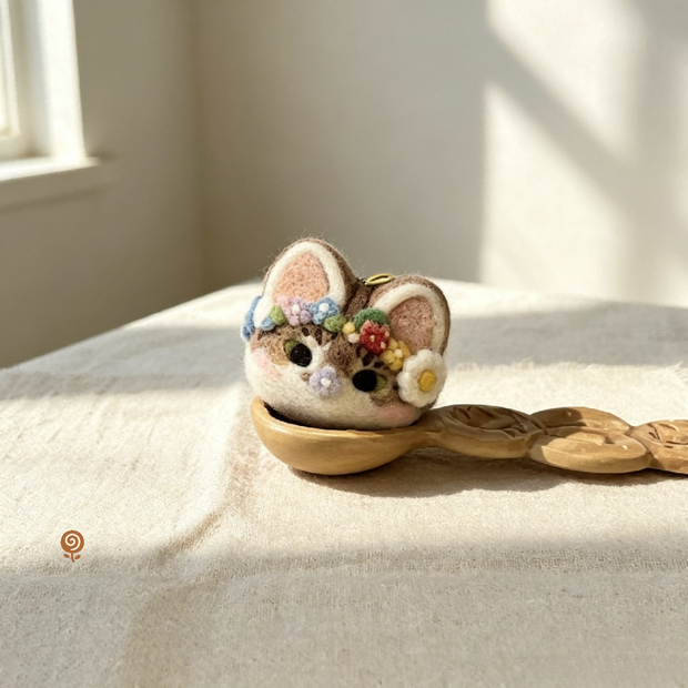 Flower Crown or Aviator Cat Head – Handmade Wool Felt Miniature Figurine