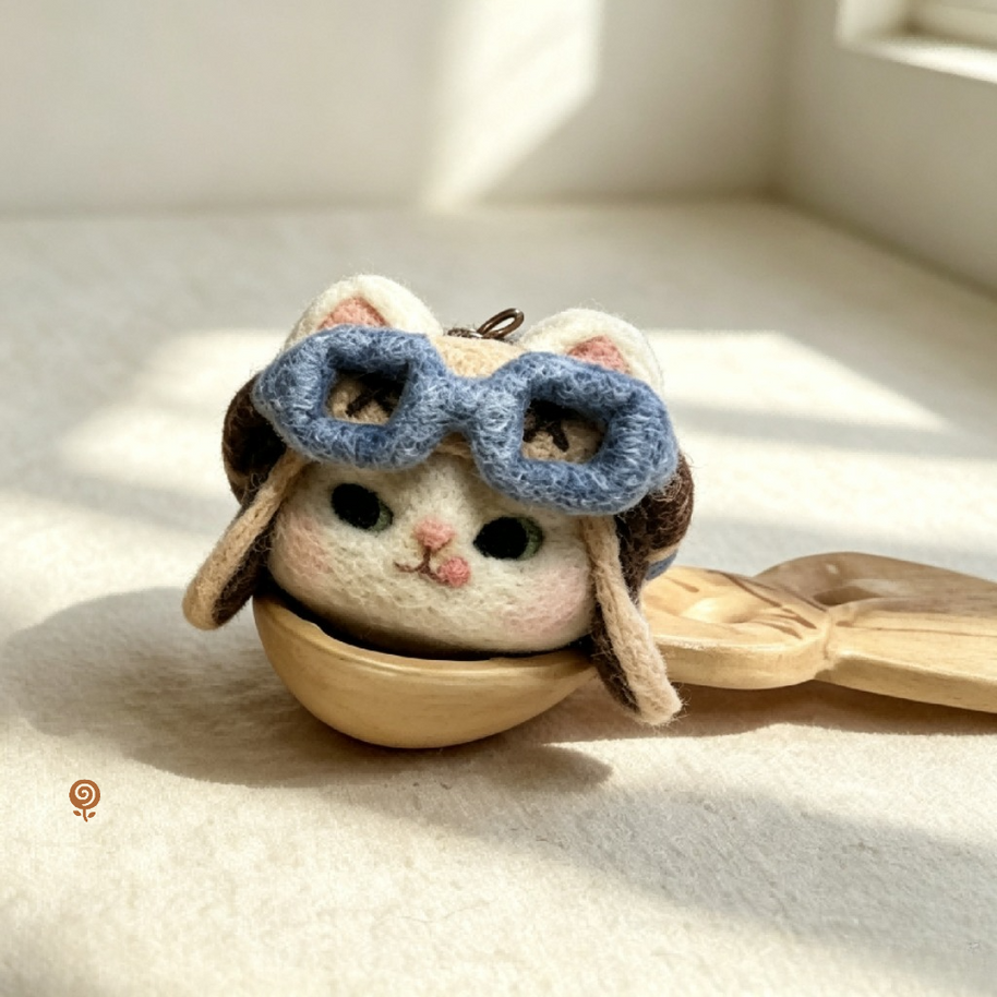 Flower Crown or Aviator Cat Head – Handmade Wool Felt Miniature Figurine