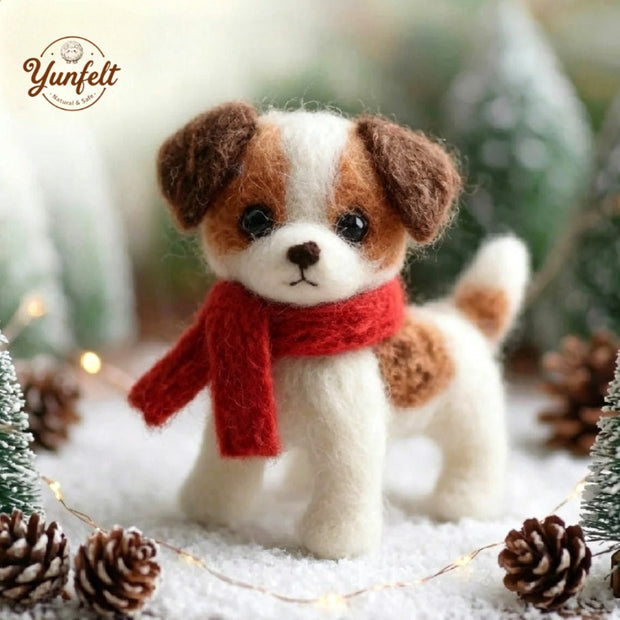 Puppy with Green Scarf – Wool Felt Cozy Holiday Dog Figurine