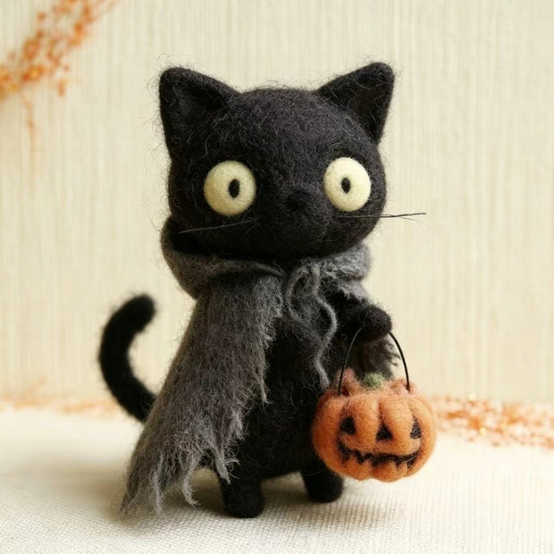 Handmade Wool Felt Spooky Black Cat Figurine – Halloween Desk Decor Gift