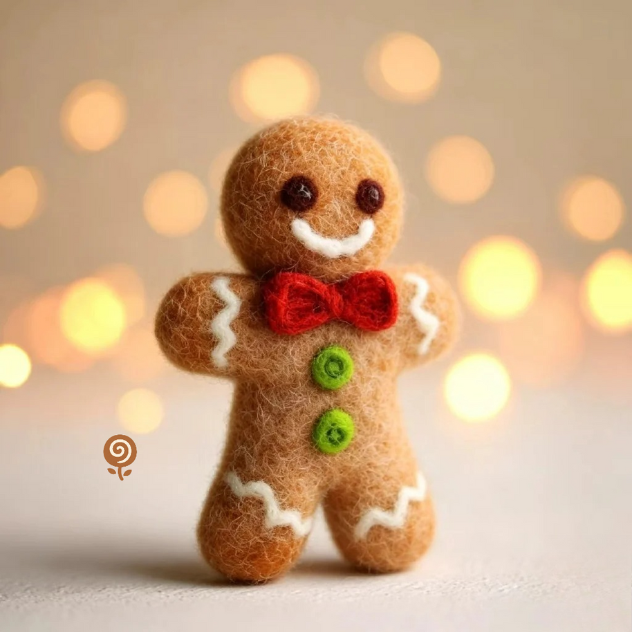 The Jolly Red-Bow Gingerbread Man – Handmade Wool Felt Christmas Figurine