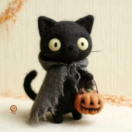 The Wide-Eyed Trick-or-Treat Cat – Handmade Wool Felt Halloween Figurine