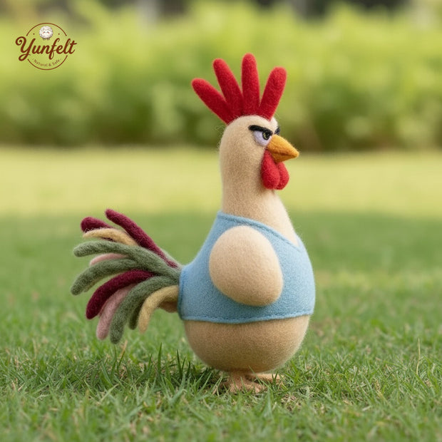 Grumpy Rooster in Burgundy Vest – Playful Wool Felt Desk Mascot