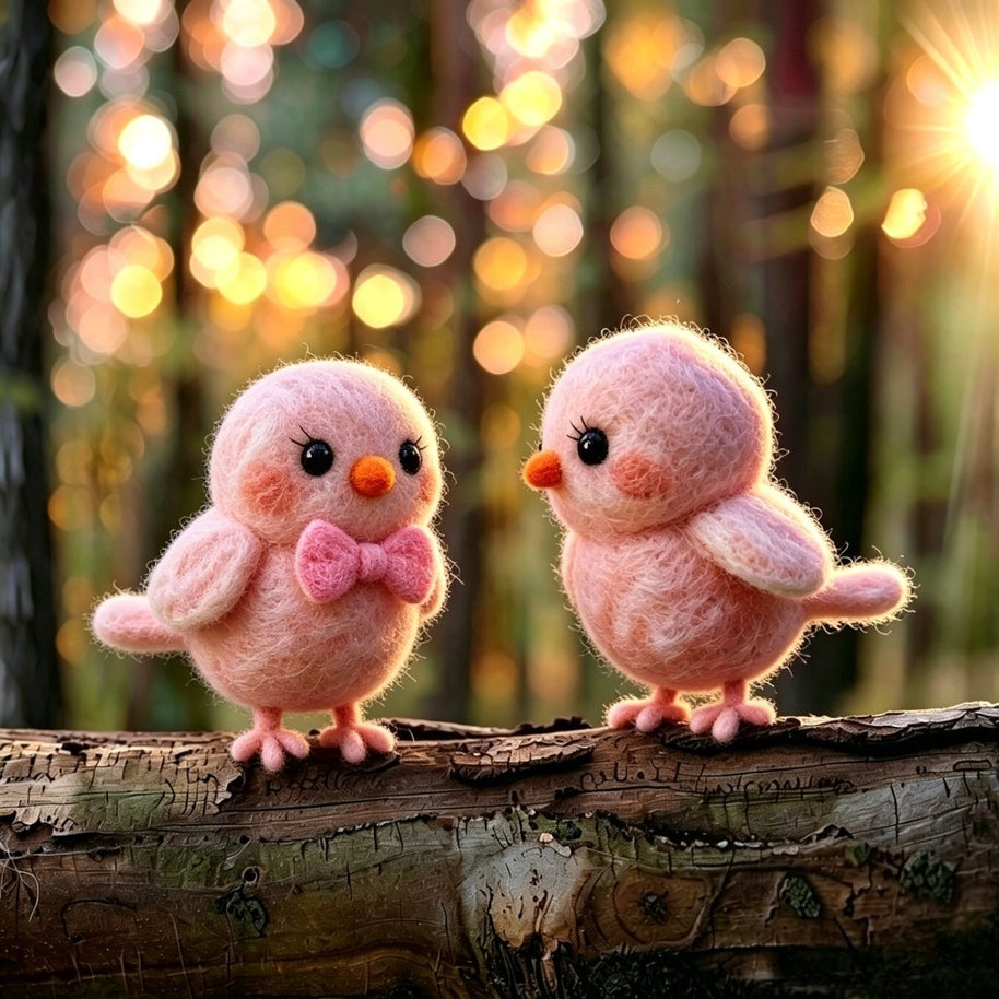 Handmade Wool Felt Pink Bird Couple Figurine – Romantic Spring Decor Gift